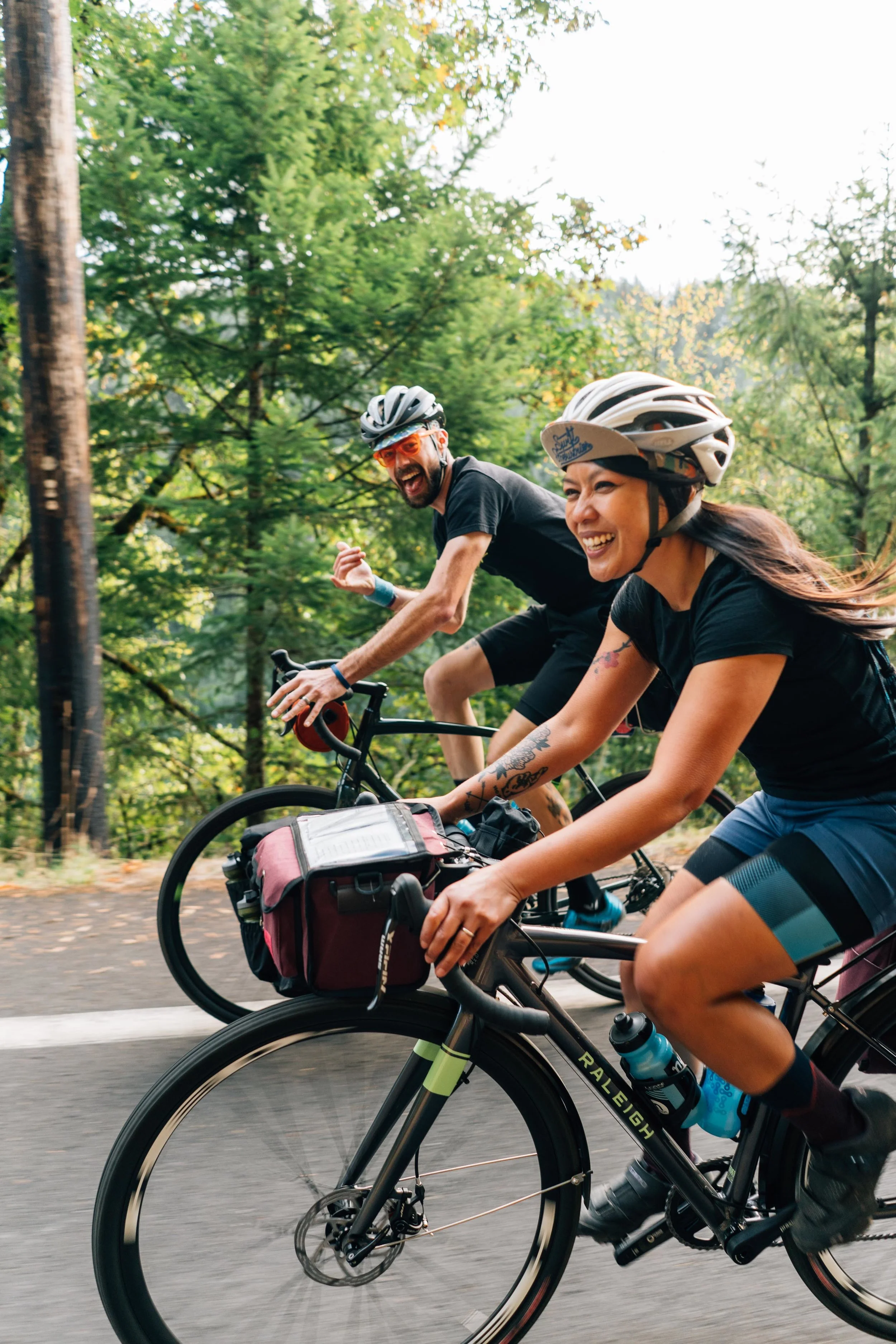Tyler Smith and Gritchelle Fallesgon are stoked riding into the mountains outside Portland Photo by Kelly Nowels