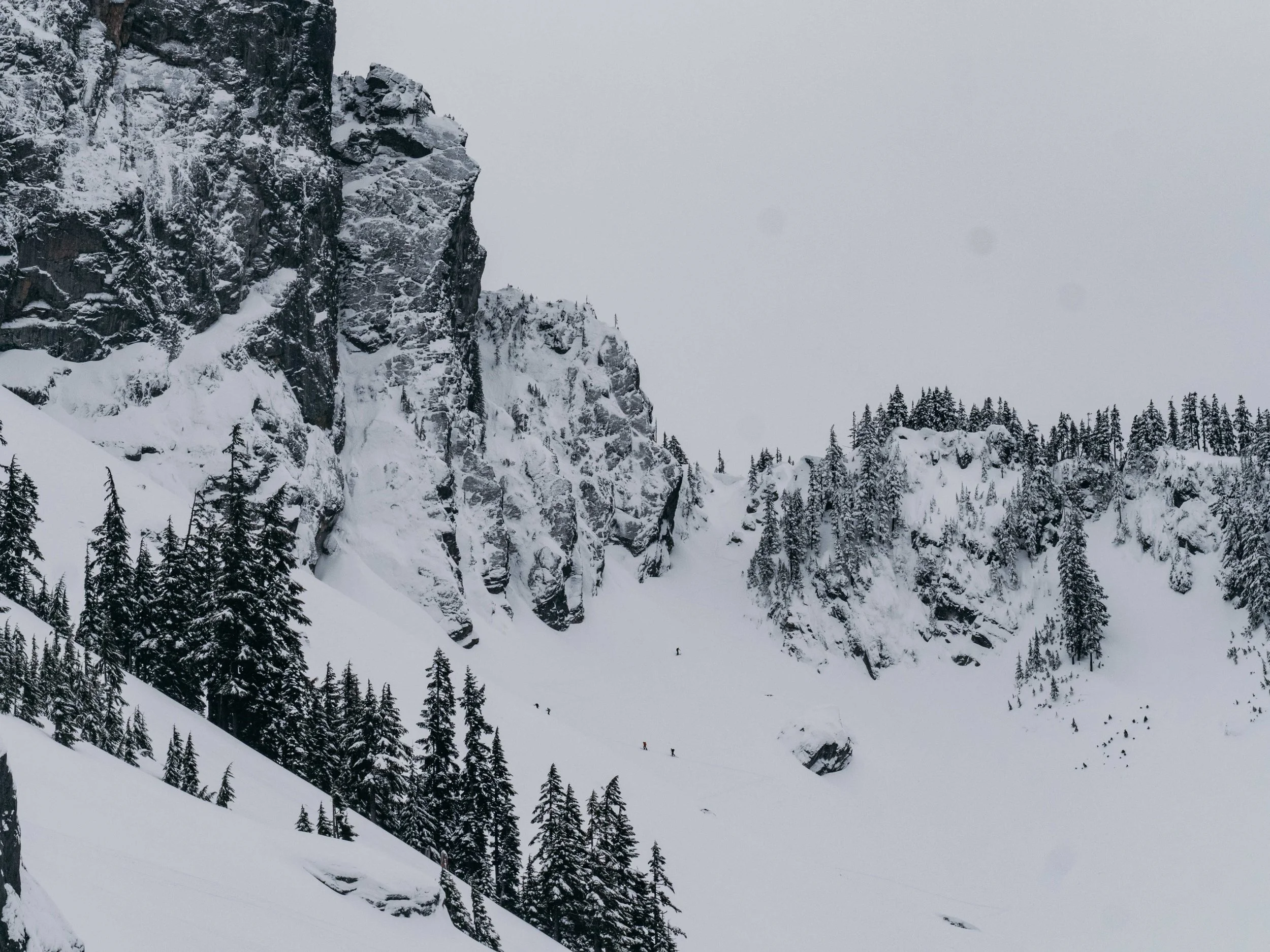 Looking up the exit couloir and hoping the cornice would play nice