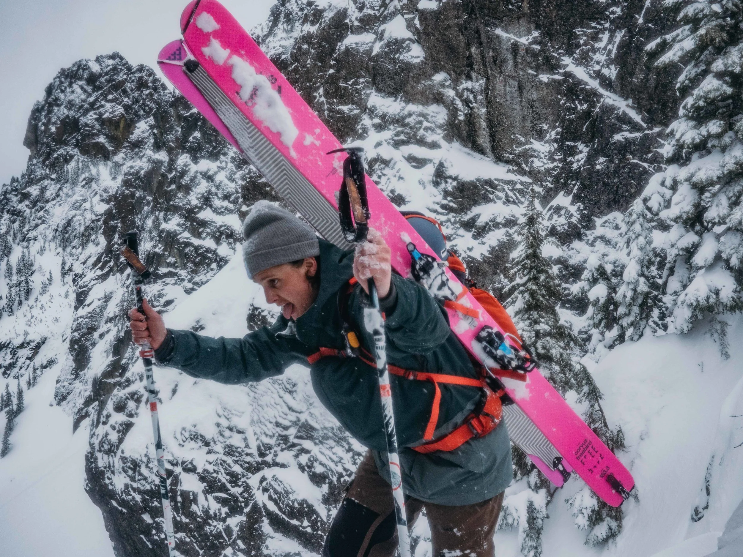 Ben makes it out the exit couloir, now all that’s left is the mank-ski down to the car!