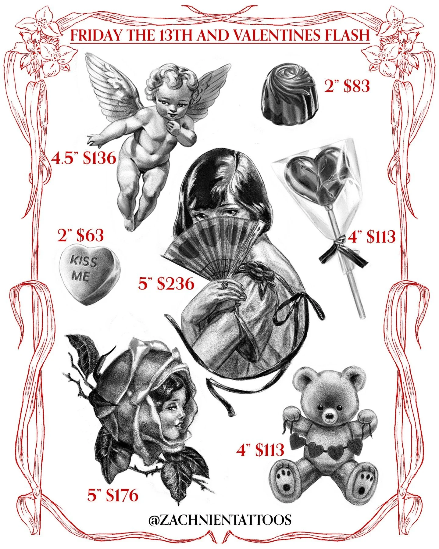 **FRIDAY THE 13th &amp; VALENTINE'S DAY TATTOO FLASH DEALS**

Hey everyone, I'm offering these designs at very discounted rates for the 13th and 14th! These are available by APPOINTMENT ONLY, so dm or email me if you want one because these slots tend