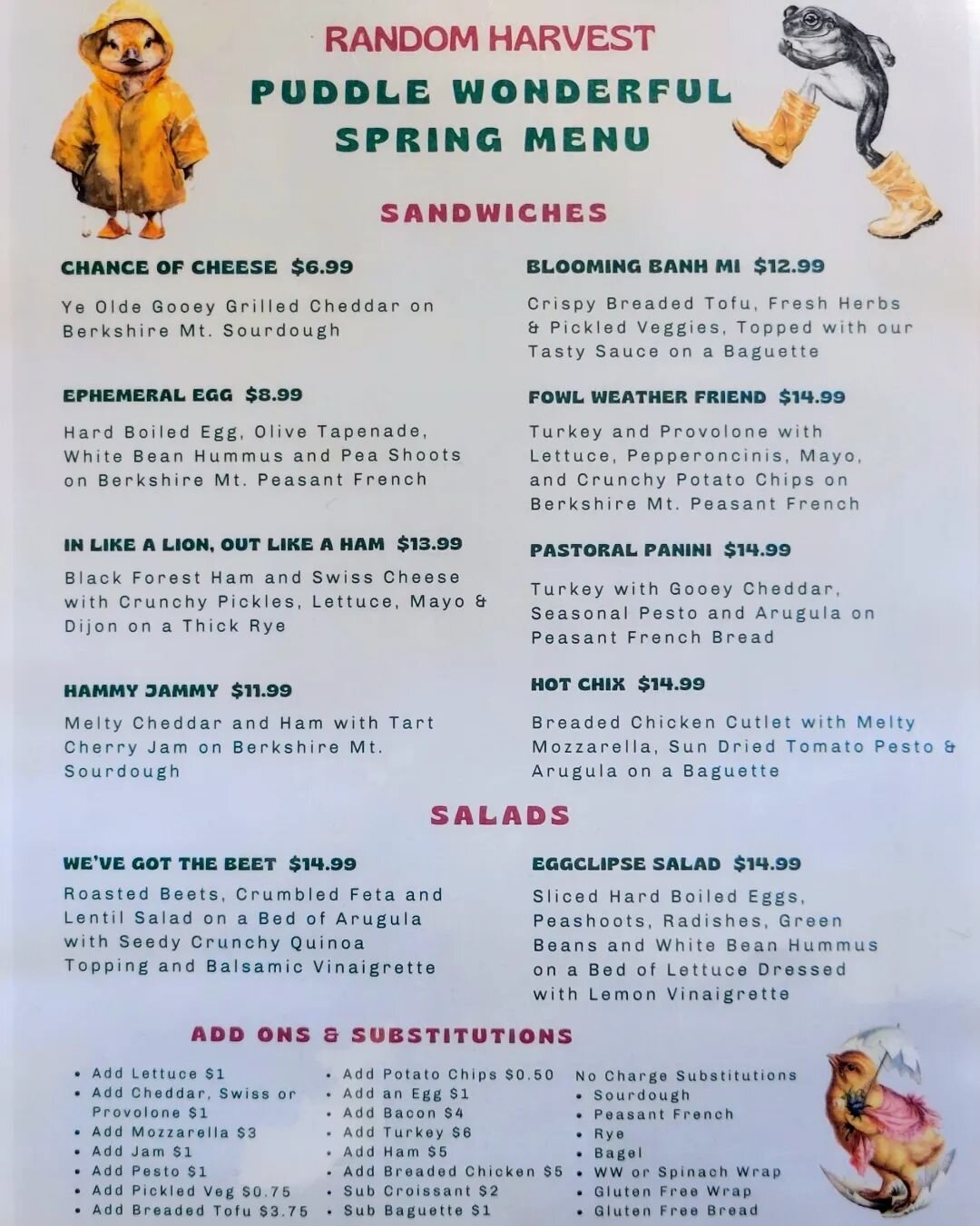 This rainy day seems like appropriate timing to debut our Puddle Wonderful Spring Menu. Put on your rainboots, grab your umbrella, and come try our new tasty offerings! 🌧☔️

#randomharvestmarket #eatyourveggies #eatlocal #shoplocal #spring #rain #cr