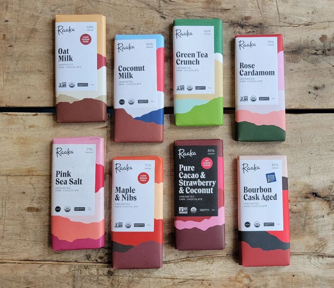 @raakachocolate is earth shakingly delicious. Did you know that at Raaka, they make unroasted dark chocolate from scratch, with traceable, high quality, transparently traded single origin cacao? We have a variety of bars to choose from. Chocolate tha