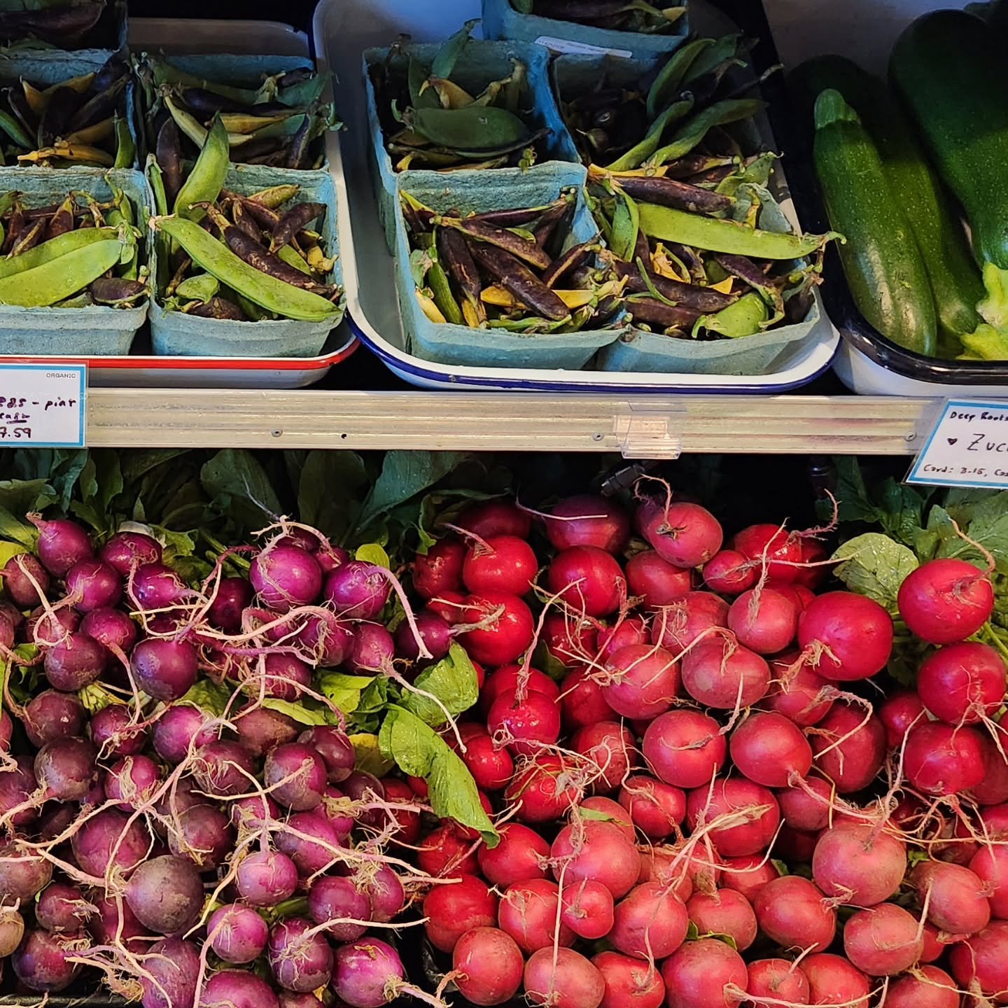 Radish stacks, peas and zucchini from @deeprootsfarmny 😍