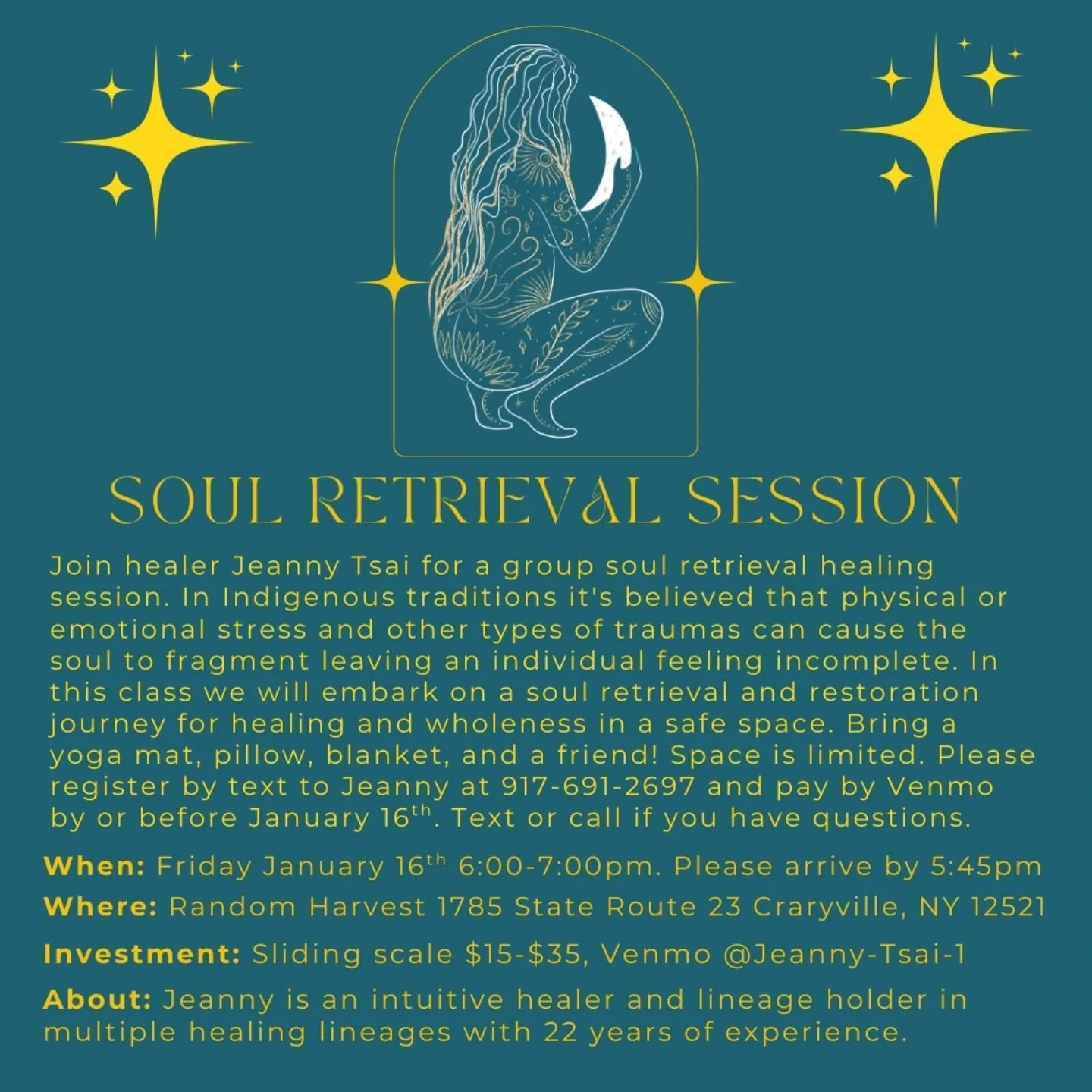 This Friday! RSVP to Jeanny! In indigenous healing traditions around the world, it's believed that physical or emotional stresses and other types of traumas can cause parts of the soul to fragment leaving an individual feeling incomplete on a conscio