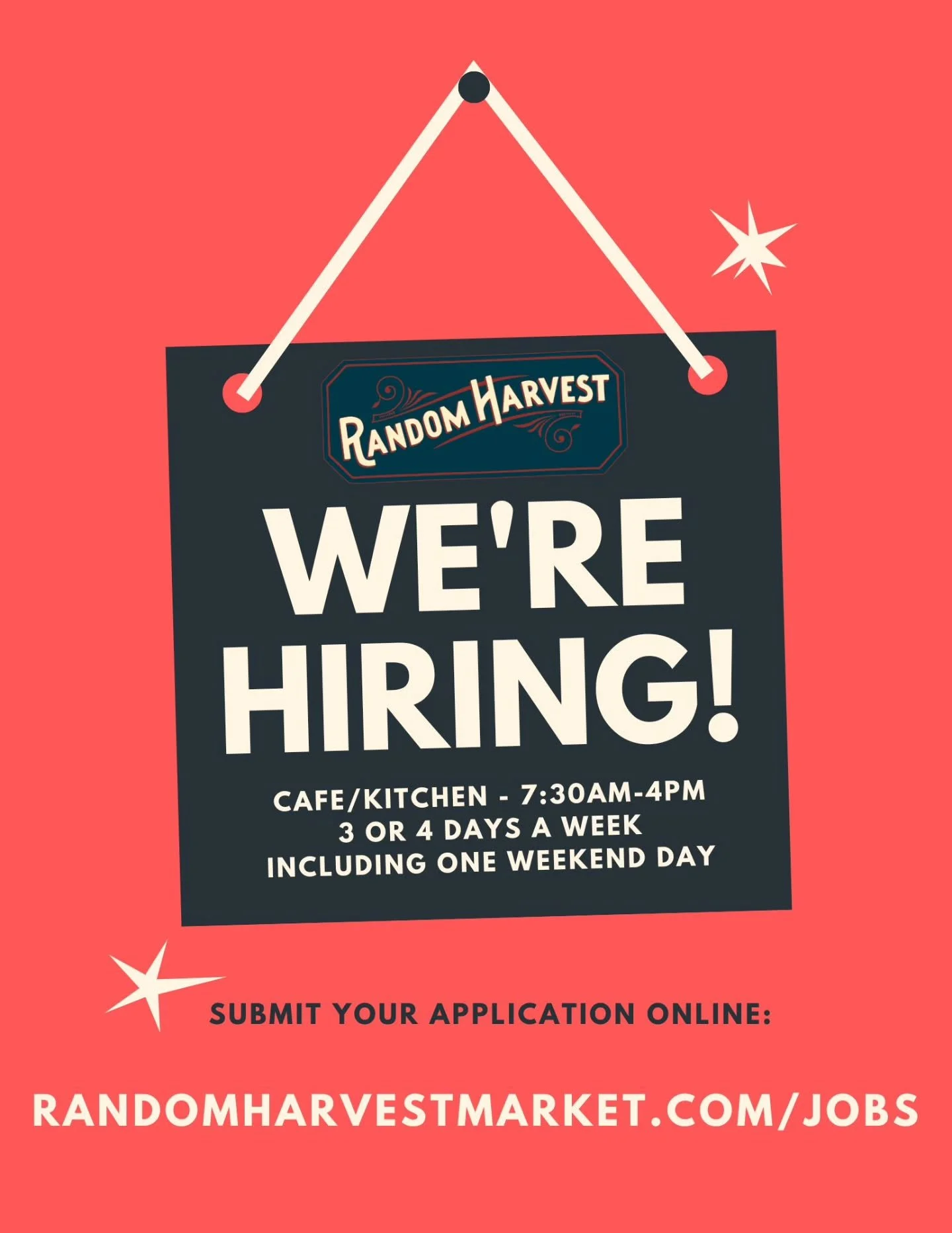 We're hiring! The busy season is right around the corner, and we are looking to add to our Kitchen + Cafe crew here at Random Harvest. It's important to note that you must be willing to work at least one weekend day. Pay is based on experience + tips