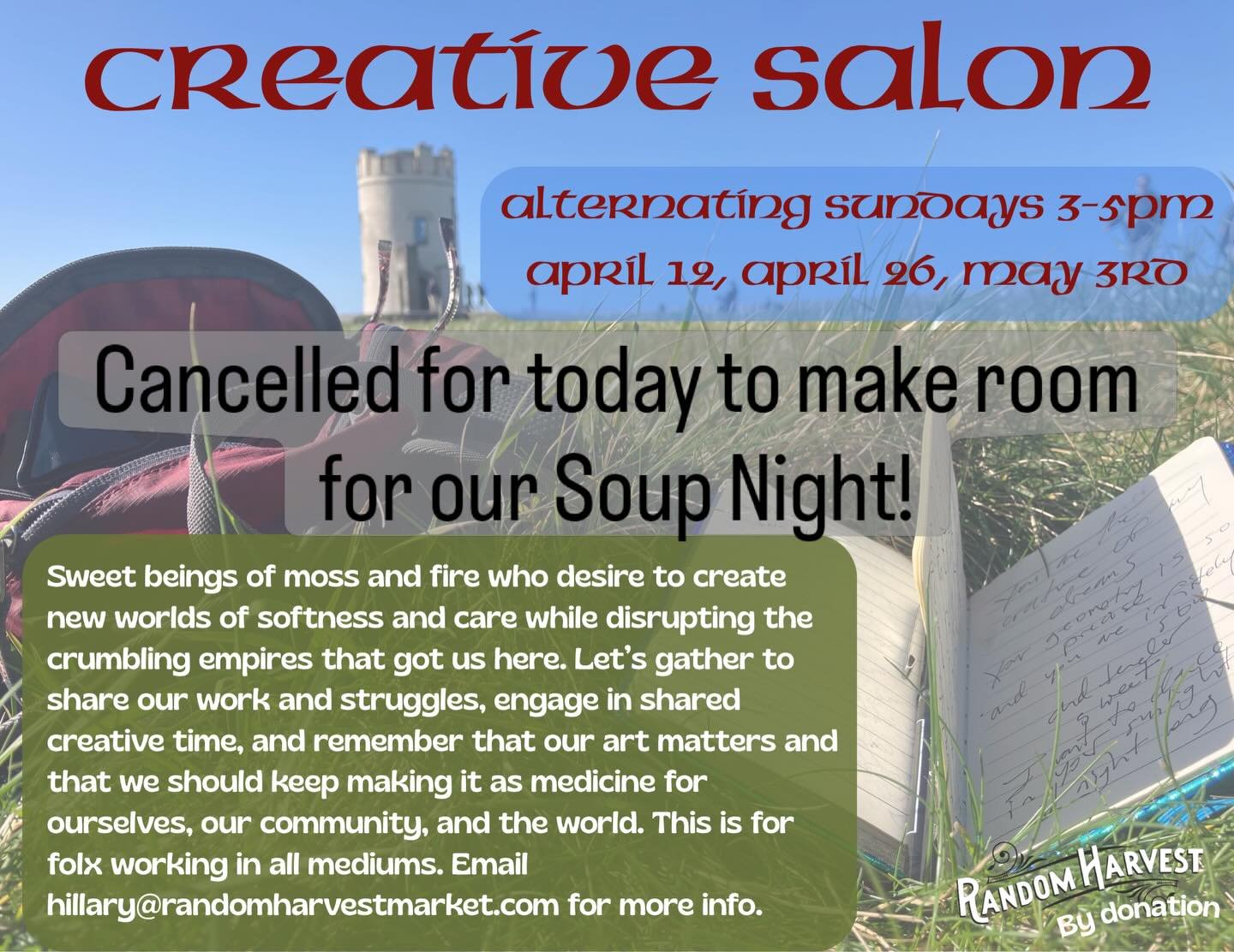 Creative Salon will return next week; today we are focused on our fist Soup Night Fundraiser! Come down and see us, 5-7pm in our community space upstairs. RSVP - link in bio.