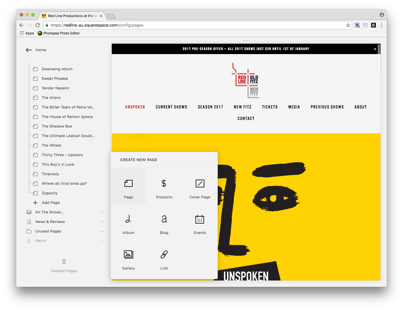 Click the ADD PAGE icon at the end of the list of shows and select PAGE from the CREATE NEW PAGE pop-up.