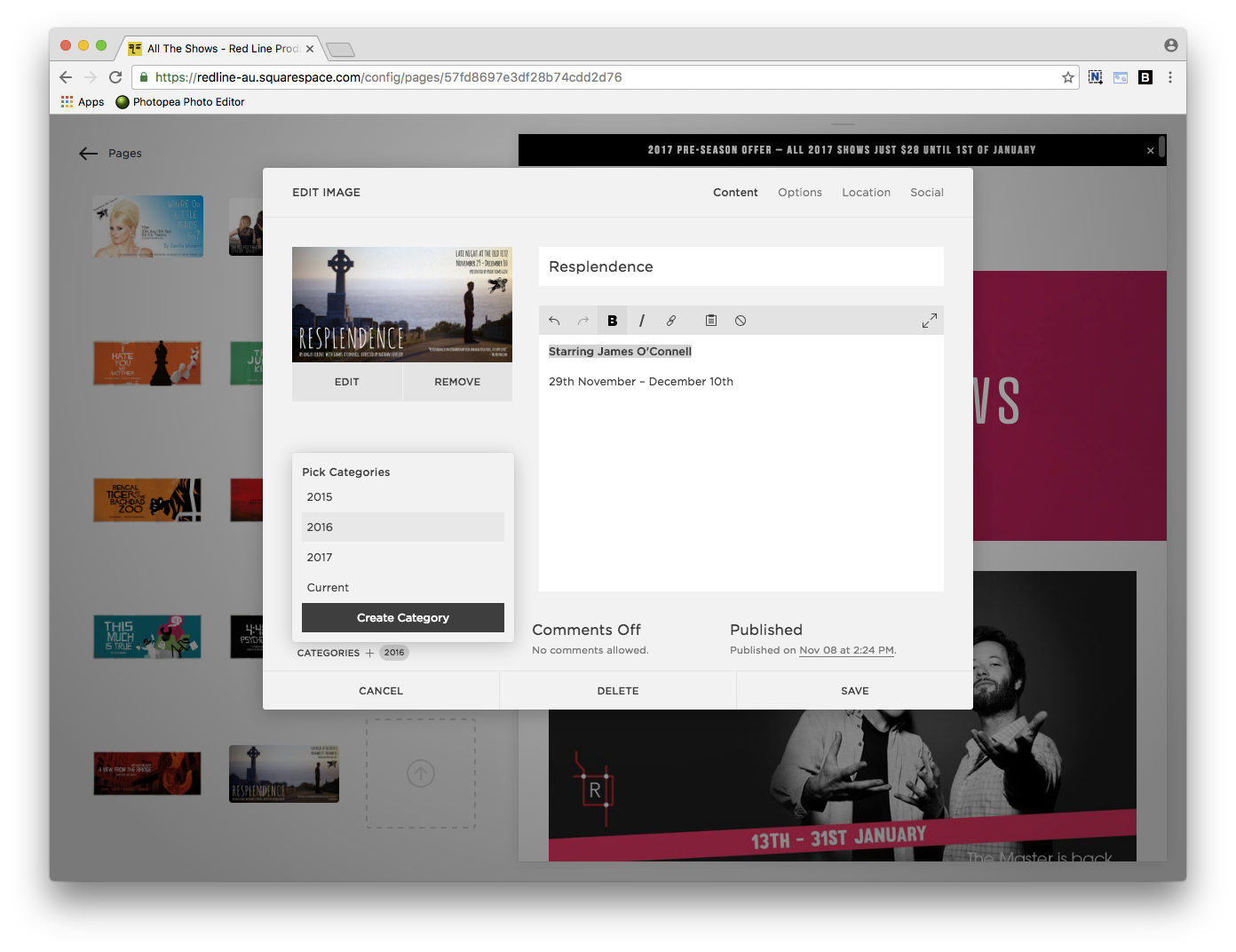 When the image is uploaded, click the Settings icon on the image to edit the image properties. Here you need to add a Title, a Description with the Writers name (in BOLD) and Dates. The first and second line of the Description should be separated by a return.
