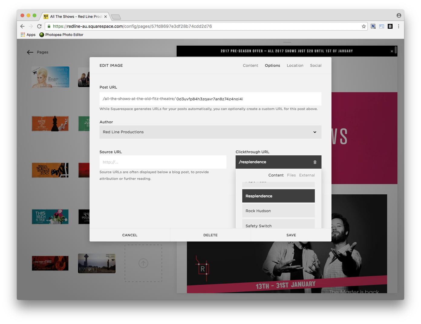 Click on the OPTIONS tab at the top of the EDIT IMAGE window to set the Author and Clickthrough URL for the image. The Author should be RED LINE PRODUCTIONS and for the Clickthrough URL select the show details page you created in Step 1 from the list of CONTENT. When you're done click SAVE. 