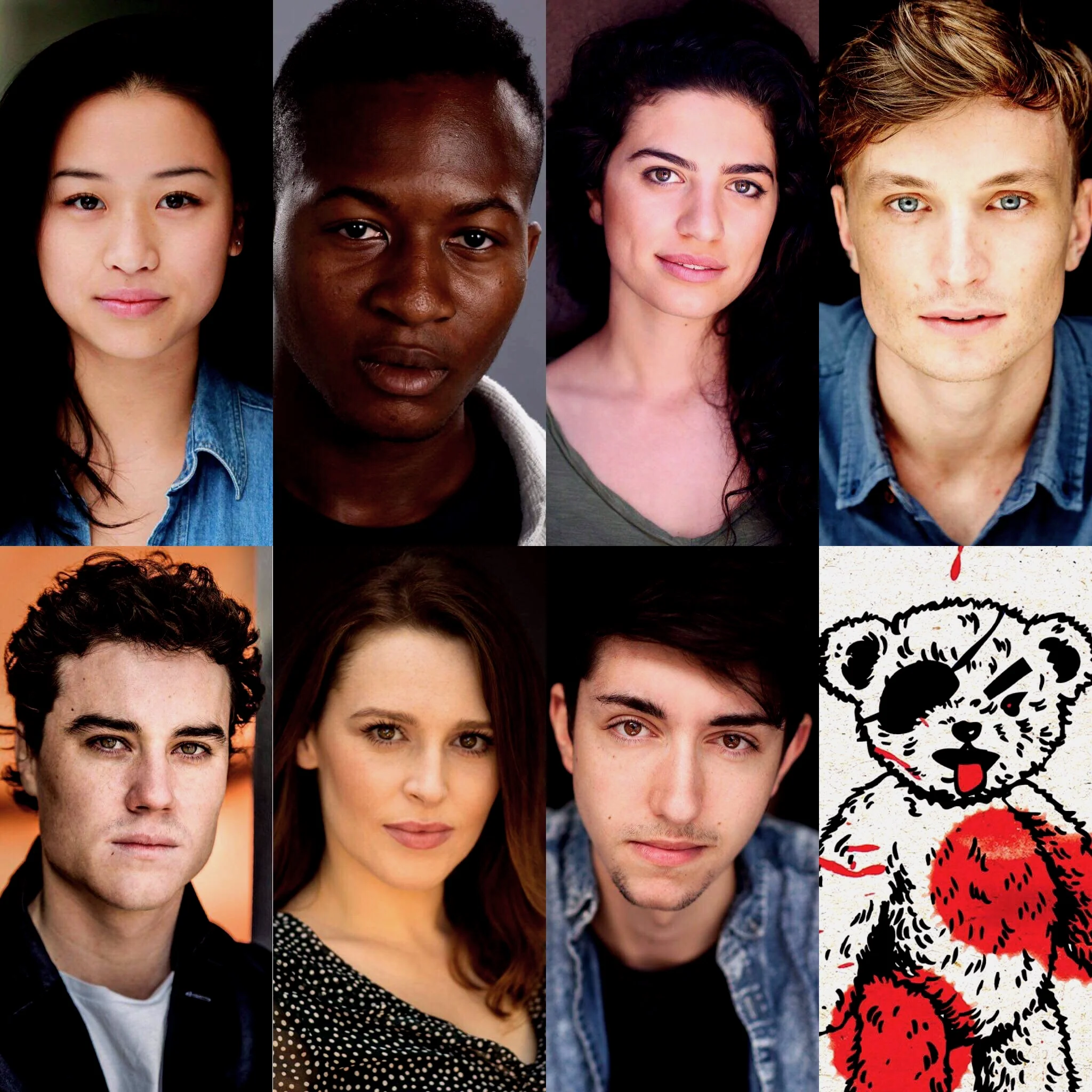 The ALICE IN SLASHERLAND cast: Stella Ye, Justin Amankwah, Mia Morrissey, Jack Angwin, Josh McElroy, Laura Murphy, Bardiya McKinnon & Edgar.