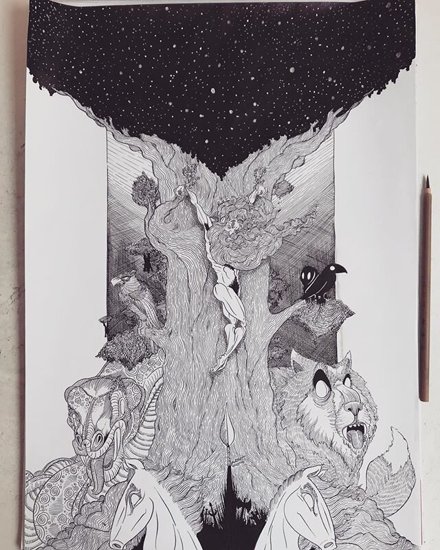 Odin hanging from the world tree.
#mythology #norsemythology #odin #norsegods #illustration #ink #brush