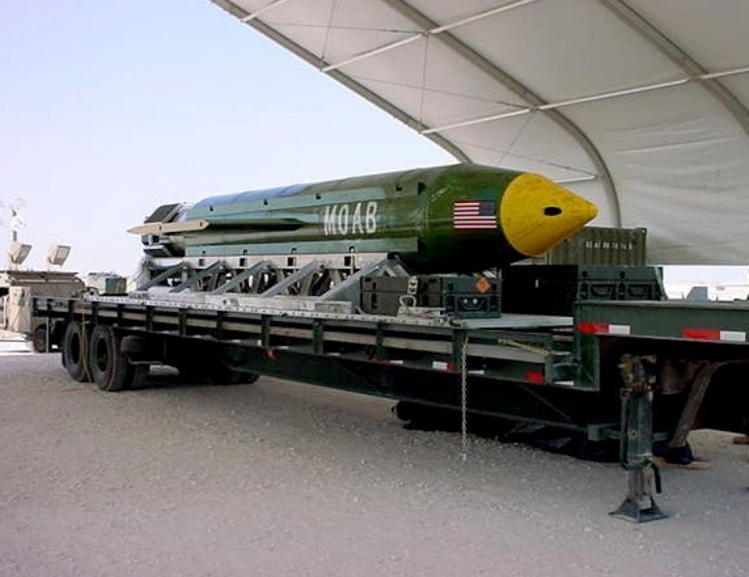 This photo provided by Florida’s Eglin Air Force Base shows the GBU-43/B Massive Ordnance Air Blast bomb. (Eglin Air Force Base via Associated Press)