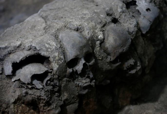 Skulls are seen at a site where more than 650 skulls caked in lime and thousands of fragments were found in the cylindrical edifice near Templo Mayor, one of the main temples in the Aztec capital Tenochtitlan, which later became Mexico City, Mexico June 30, 2017. REUTERS/Henry Romero