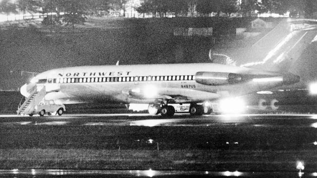 Northwest Airlines flight 727 sits on the tarmac at Portland airport after being hijacked by DB Cooper. Picture: Seattle Times/Bruce McKim Source: News Corp Australia
