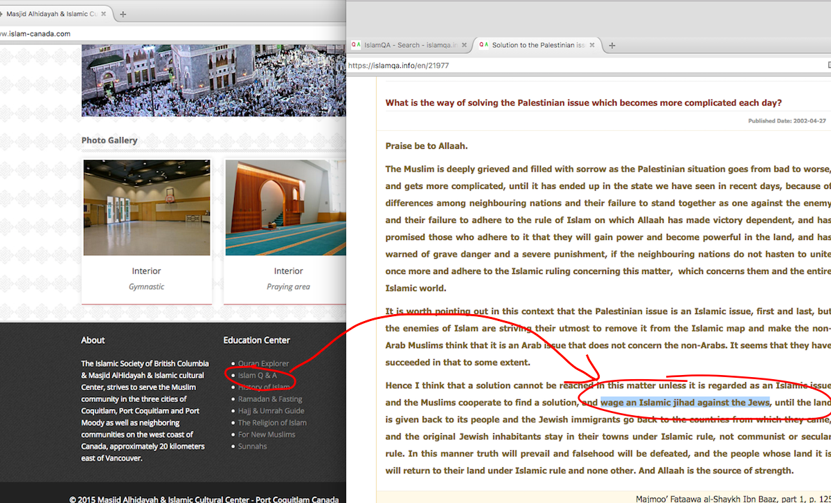Screen grab from the Islamic Society of B.C. website, and the linked site Islamqa.info. The link has now been removed.
