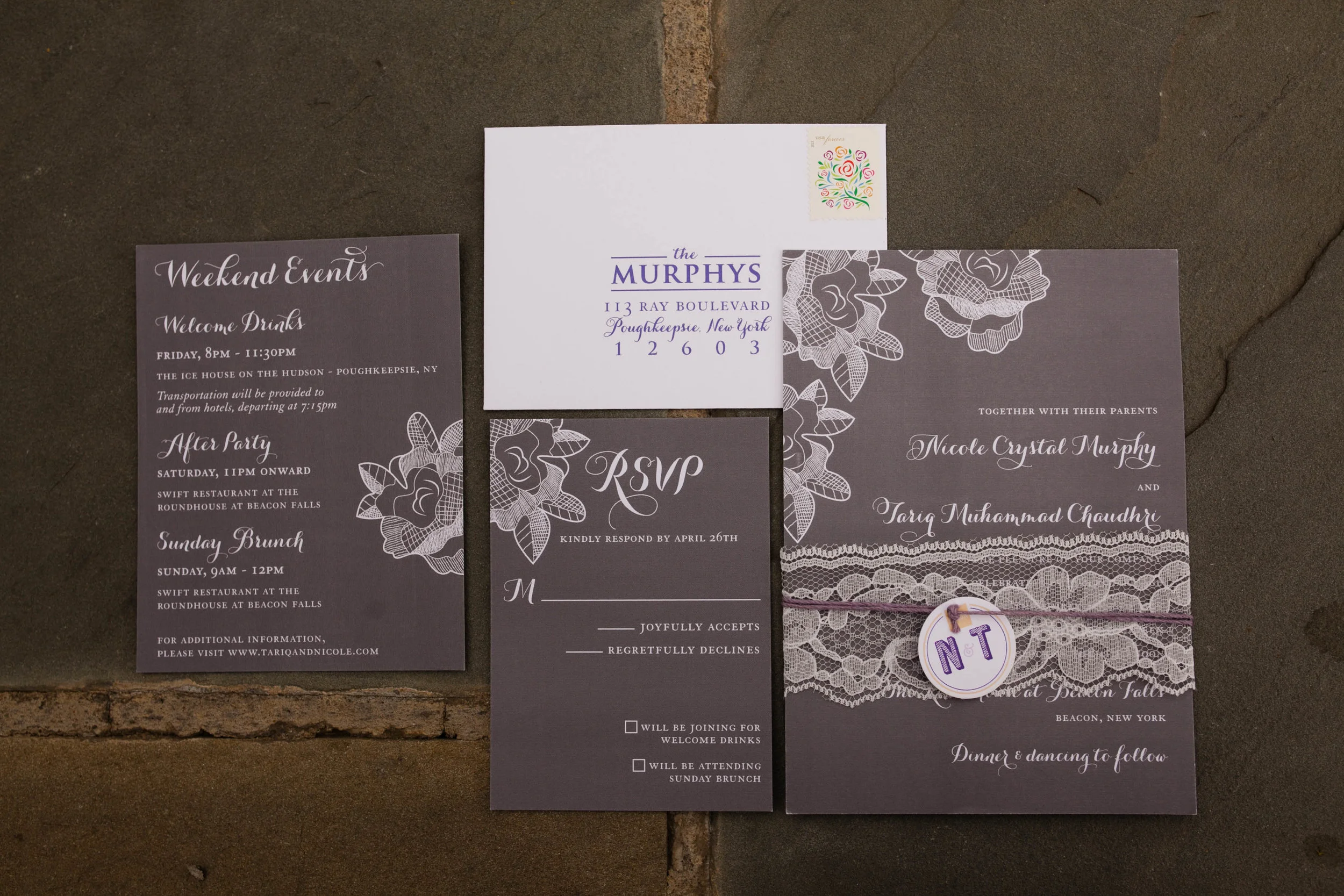 Invitation, couple's custom logo and day of paper by Roseville Designs.