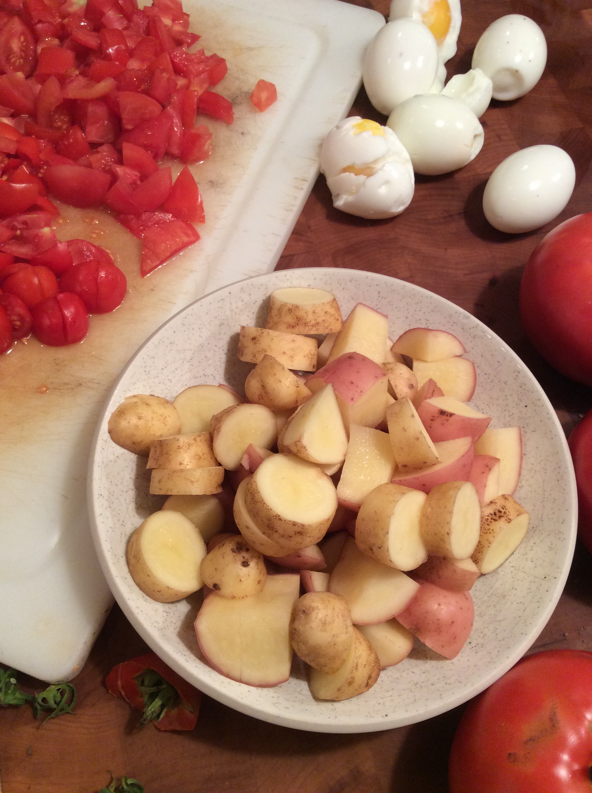 I don't always bother peeling the potatoes. And I don't worry if the eggs don't peel perfectly.