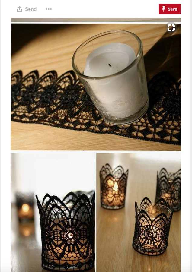 I just love this Halloween candle idea!! Honestly, you could use this for many different wedding themes. I love the use of lace and the creativity.