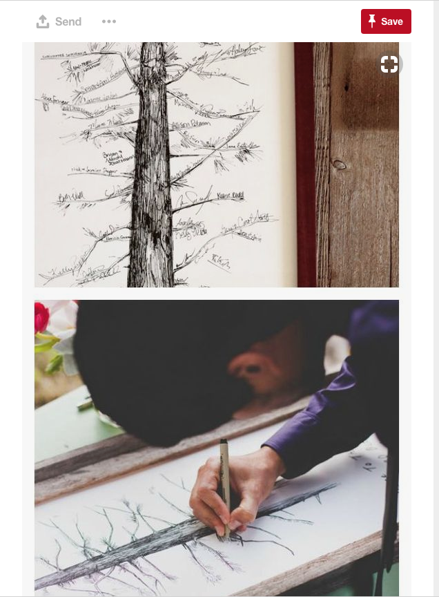 Wedding guest books have come a long way over the years. Your wedding guests are no longer signing actual books, they're now using fingerprints as tree leaves for signatures and doing this -- writing messeges and names on tree limbs.