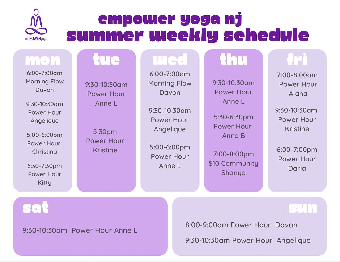 Summer Schedule starts JUNE 1! ☀️ 

Saturday Schedule 

8:00-9:00am
Yoga Sculpt (Warm) 
with Christina 

9:30-10:30am
Power Hour (Heated) 
with Anne 

11:00-12:00pm
Half Yin Half Power (Heated) 
with Keri 

Anytime
On Demand Class of the day

#empowe