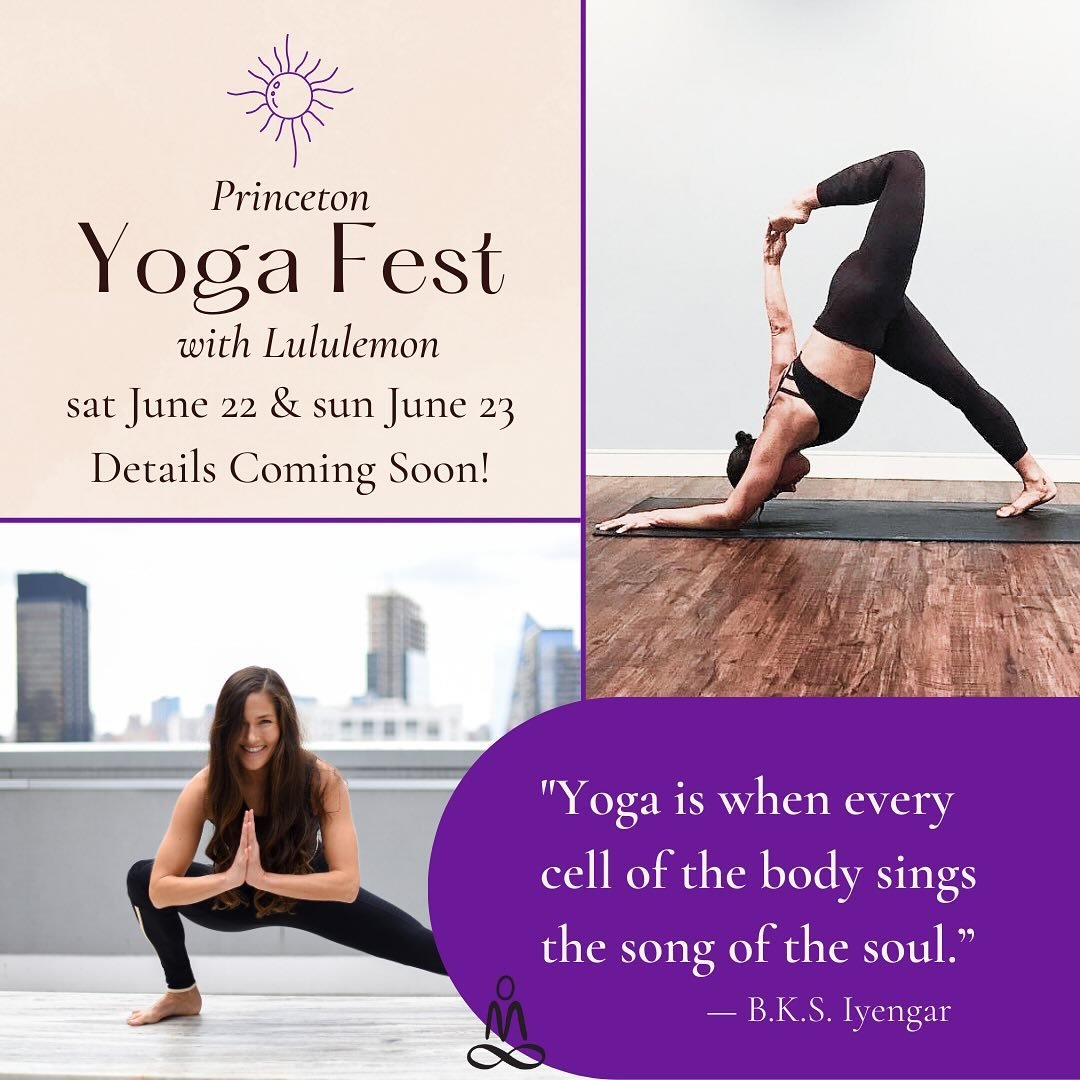 PRINCETON YOGA FEST with Lululemon
Save the Date Saturday June 22 and Sunday June 23! Details coming soon. 

Wednesday Schedule

6:00-7:00am
Morning Flow (Heated)
with Davon

9:30-10:30am
Power Hour (Heated) 
with Angelique

5:00-6:00pm
Power Hour (H