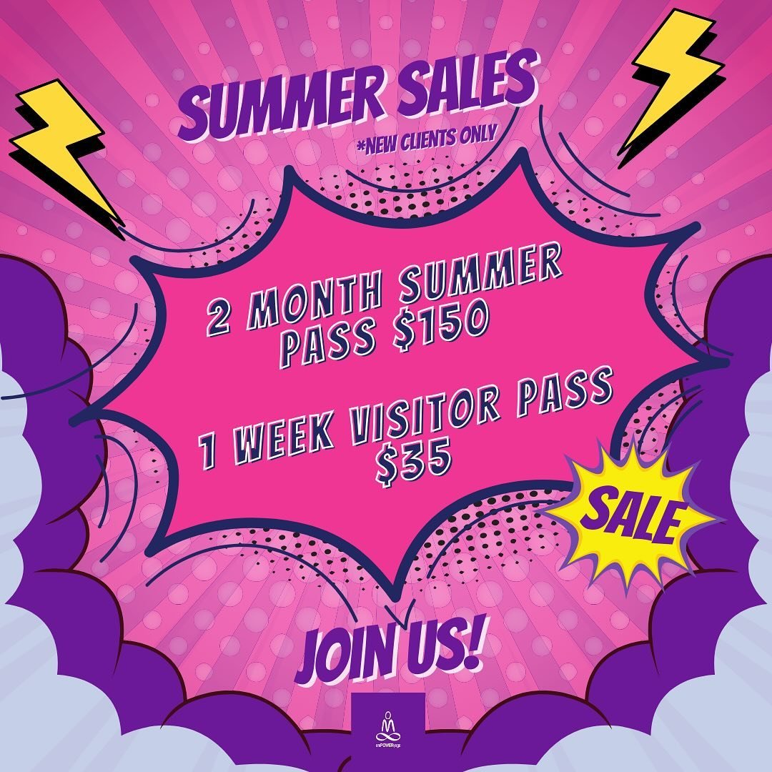 Summer Sale! 
&bull; 2 Month Summer Pass $150
&bull; 1 Week Visitor Pass $35

*new clients only 

Friday Schedule

7:00-8:00am
Power Hour (Heated)
with Jennifer

9:30-10:30am
Power Hour (Heated)
with Kristine

6:00-7:00pm
Power Hour (Heated) 
with Da