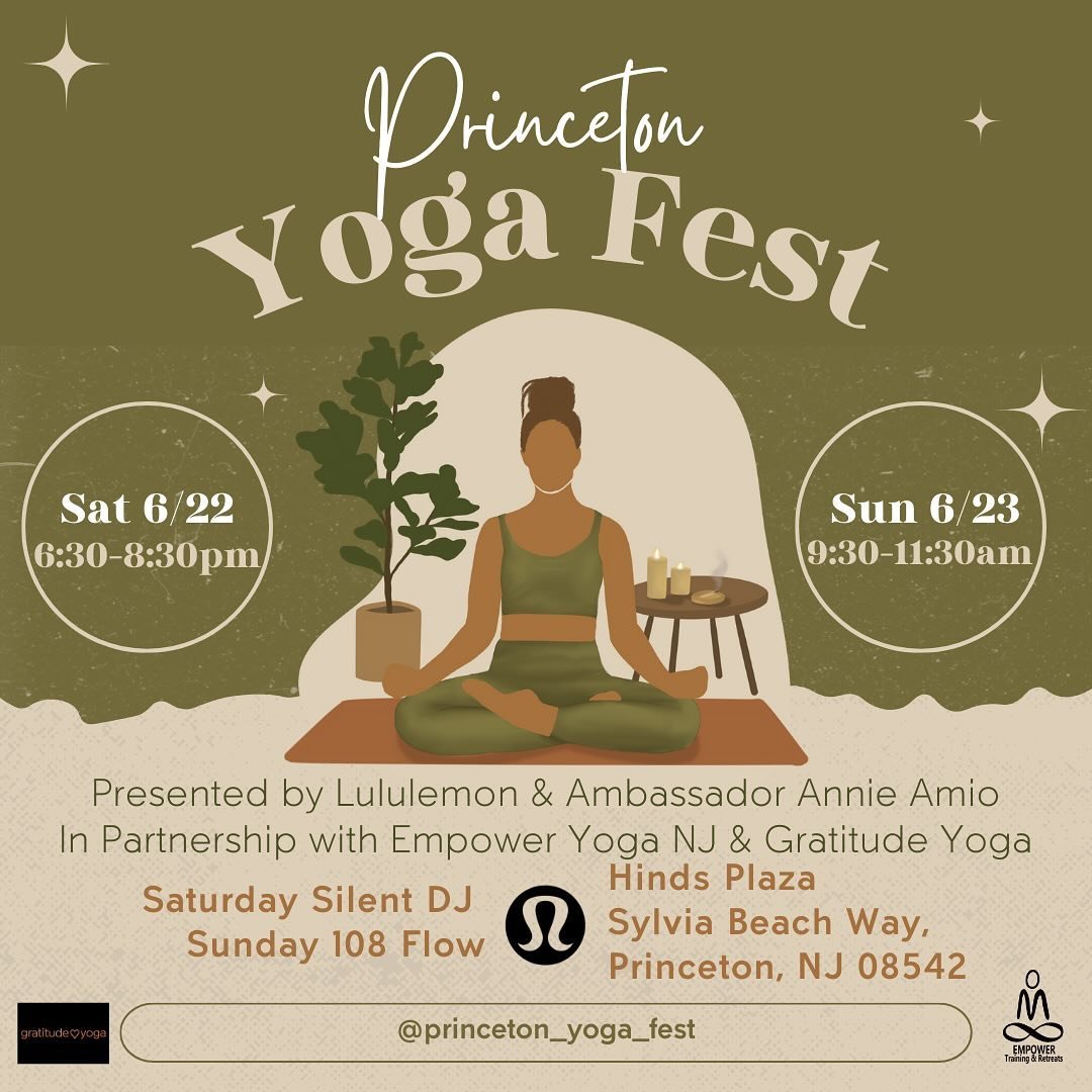 SAVE THE DATE! @princeton_yoga_fest June 22 &amp; June 23! Presented by @lululemon with Lululemon Ambassador @annieamio in partnerships with @empoweryoganj and @gratitudeyogaprinceton 💜 

Details coming soon!

Then tomorrow&rsquo;s Friday Schedule

