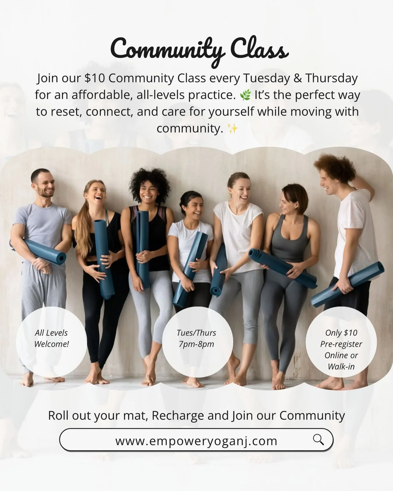 ✨ Community, connection, and movement &mdash; all for just $10! Join us every Tuesday &amp; Thursday at 7pm for an all-levels class that fills your cup and your heart. 💛 

Thursday Schedule

9:30-10:30am
Power Hour (Heated) 
with Anne 

5:30-6:30pm
