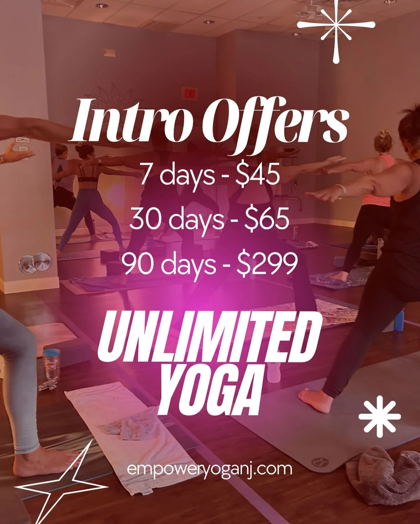 Ready to roll out your mat and see what Empower is all about? 🌟

Whether you&rsquo;re just getting started or coming back to your practice &mdash; our Intro Offers are the perfect way to dive in:
🧘🏾 7 days &ndash; $45
🧘🏽&zwj;♂️ 30 days &ndash; $