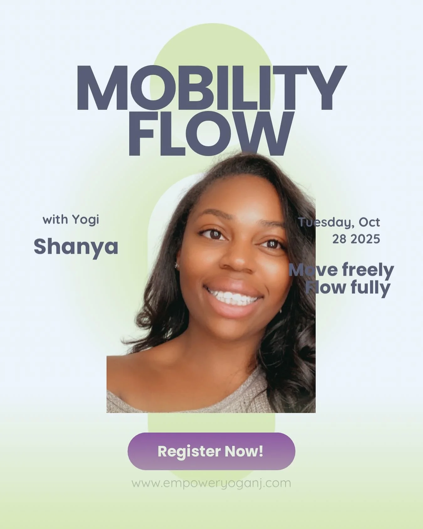 Find your flow, free your movement ✨ Join Yogi Shanya for Mobility Flow — a class designed to help you move with ease, release tension, and feel amazing in your body. 🌿💫 
Tuesday Schedule
7:00-8:00am
Mobility Flow (Heated)
with Shanya 
9:3
