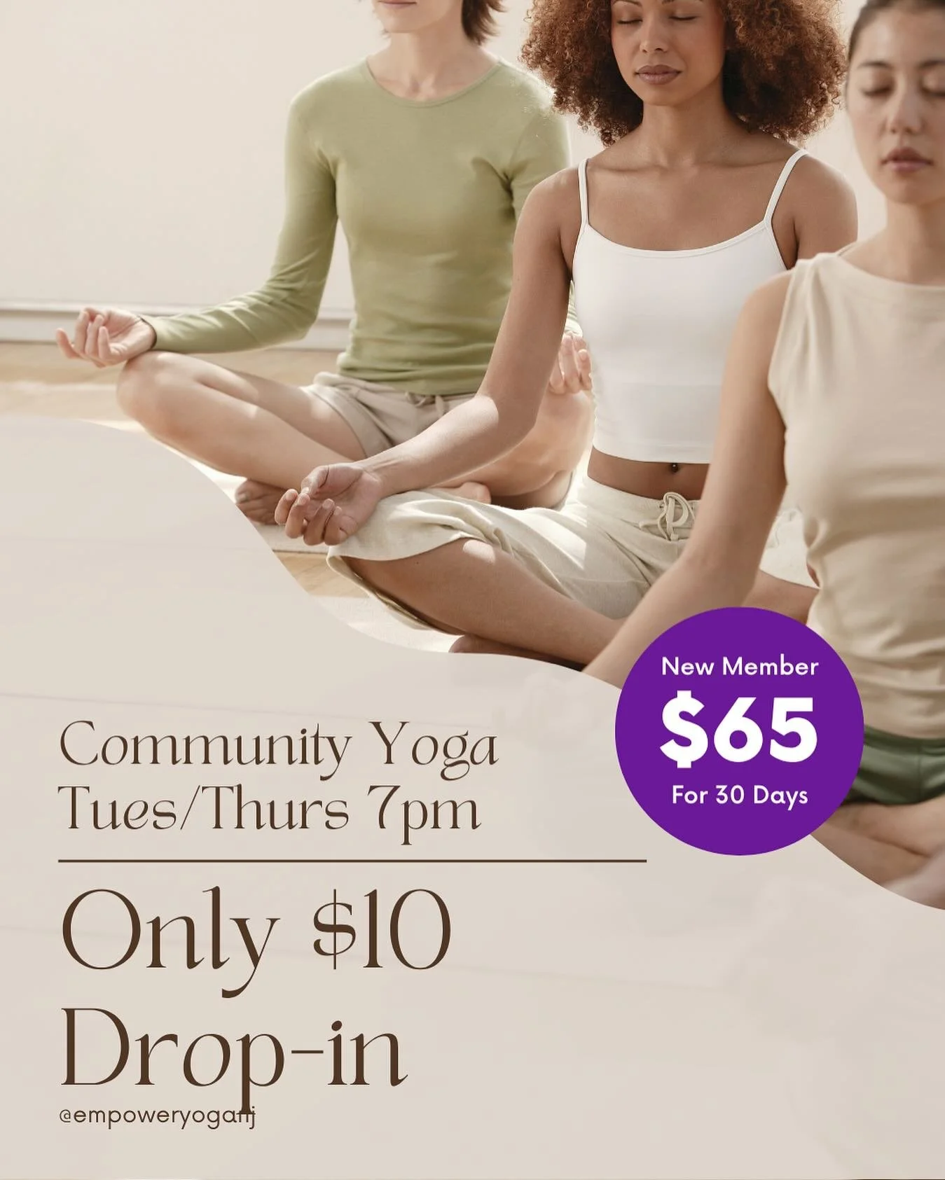 🕊️ Find your calm, connect with your community.
Join us for Community Yoga every Tuesday &amp; Thursday at 7pm &mdash; an all-levels class designed to help you move, breathe, and recharge with your Empower Yoga village.

✨ Only $10 drop-in
✨ Or try 