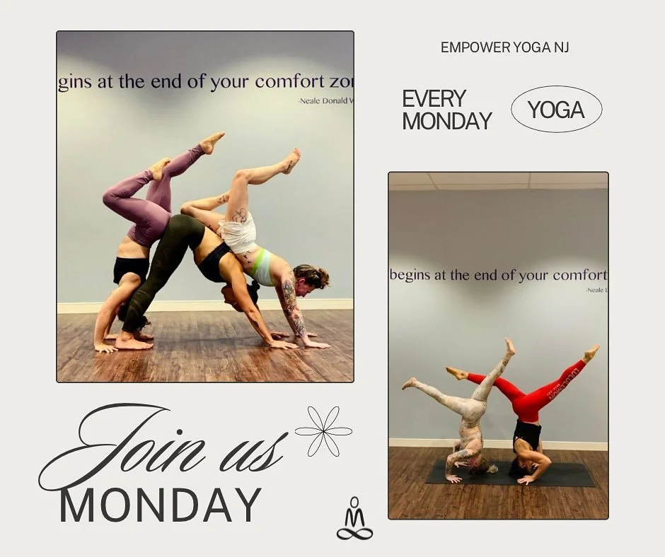 Mondays are for movement, teamwork, and a little upside-down fun 🙃💪 Join us every Monday at Empower Yoga NJ &mdash; where comfort zones end and the magic begins! ✨
Monday Schedule

6:00-7:00am
Morning Flow (Heated) 
with Elena

9:30-10:30am
Power H