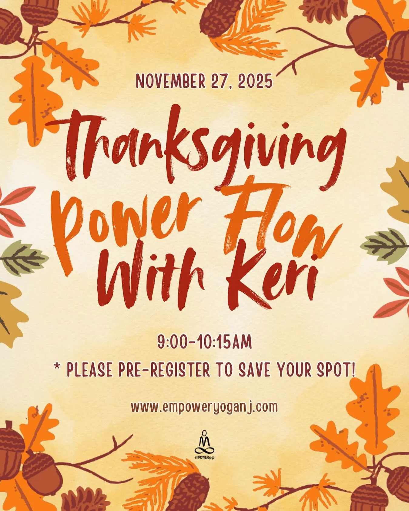 Fuel your Thanksgiving morning with a heart-pumping Power Flow with Keri! 💪🍂
Let&rsquo;s move, sweat, and give thanks before the feast.
November 27 | 9:00&ndash;10:15AM | Pre-register now!

And then tomorrow&rsquo;s Tuesday Schedule

7:00-8:00am
Mo