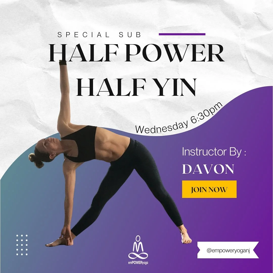 Strength meets stillness this Wednesday at 6:30pm.
Join Davon for Half Power, Half Yin &mdash; the best of both worlds in one mindful flow.
#empoweryoganj #findyourbalance

and then tomorrow&rsquo;s Thursday Schedule

9:30-10:30am
Power Hour (Heated)