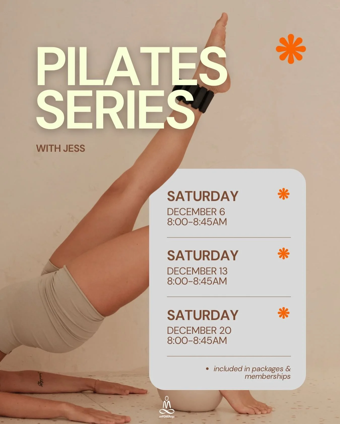 ✨ Strengthen. Align. Transform. ✨
Join Jess for a 3-week Pilates Series designed to build stability, improve mobility, and help you feel strong from the inside out.
Saturdays &bull; December 6, 13 &amp; 20 &bull; 8:00&ndash;8:45AM
Included in members