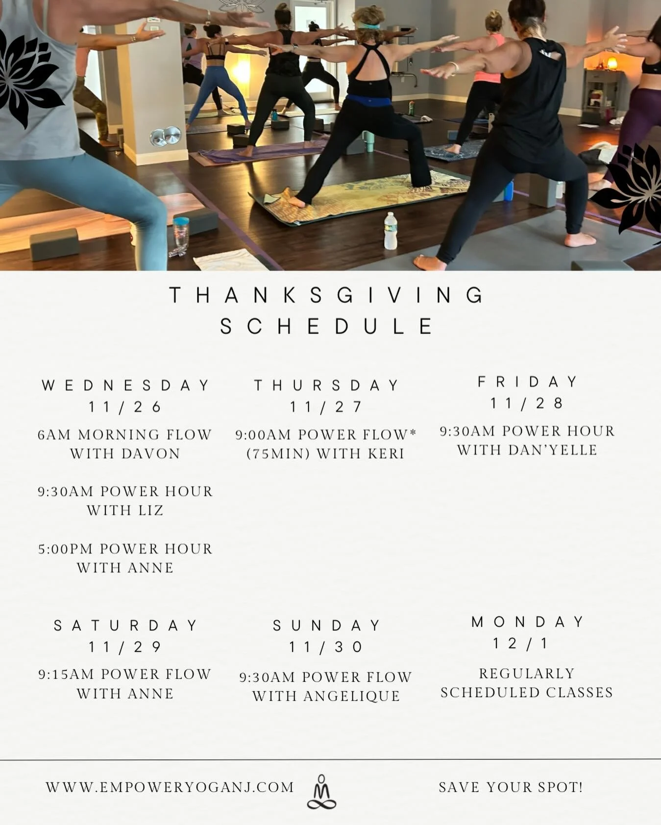 Grateful for this community, today and always. 🤎
Our Thanksgiving schedule is up&mdash;come roll out your mat, move with us, and start the holiday feeling grounded and energized. Sign up early!

And then tomorrow&rsquo;s Tuesday Schedule

7:00-8:00a
