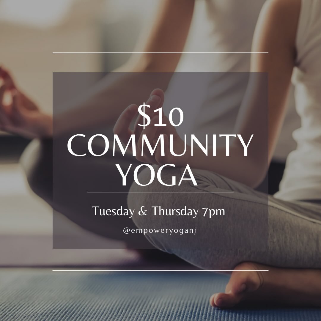 Move, breathe, connect &mdash; all for $10.
Community Yoga &bull; Tues &amp; Thurs &bull; 7pm 🤍

Tuesday Schedule

7:00-8:00am
Mobility Flow (Heated)
with Monica 

9:30-10:30am
Power Hour (Heated)
with Anne

5:30-6:30pm
Power Hour (Heated) 
with Kri