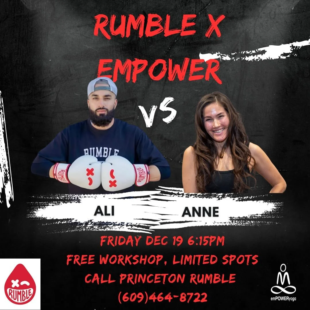 🥊 RUMBLE X EMPOWER 🧘&zwj;♀️
We&rsquo;re teaming up with Rumble Boxing Princeton for a FREE collab workshop on Friday, Dec 19 at 6:15pm &mdash; led by Coach Ali from Rumble and Anne from Empower!

We&rsquo;ve got 7 Empower-only spots reserved&hellip