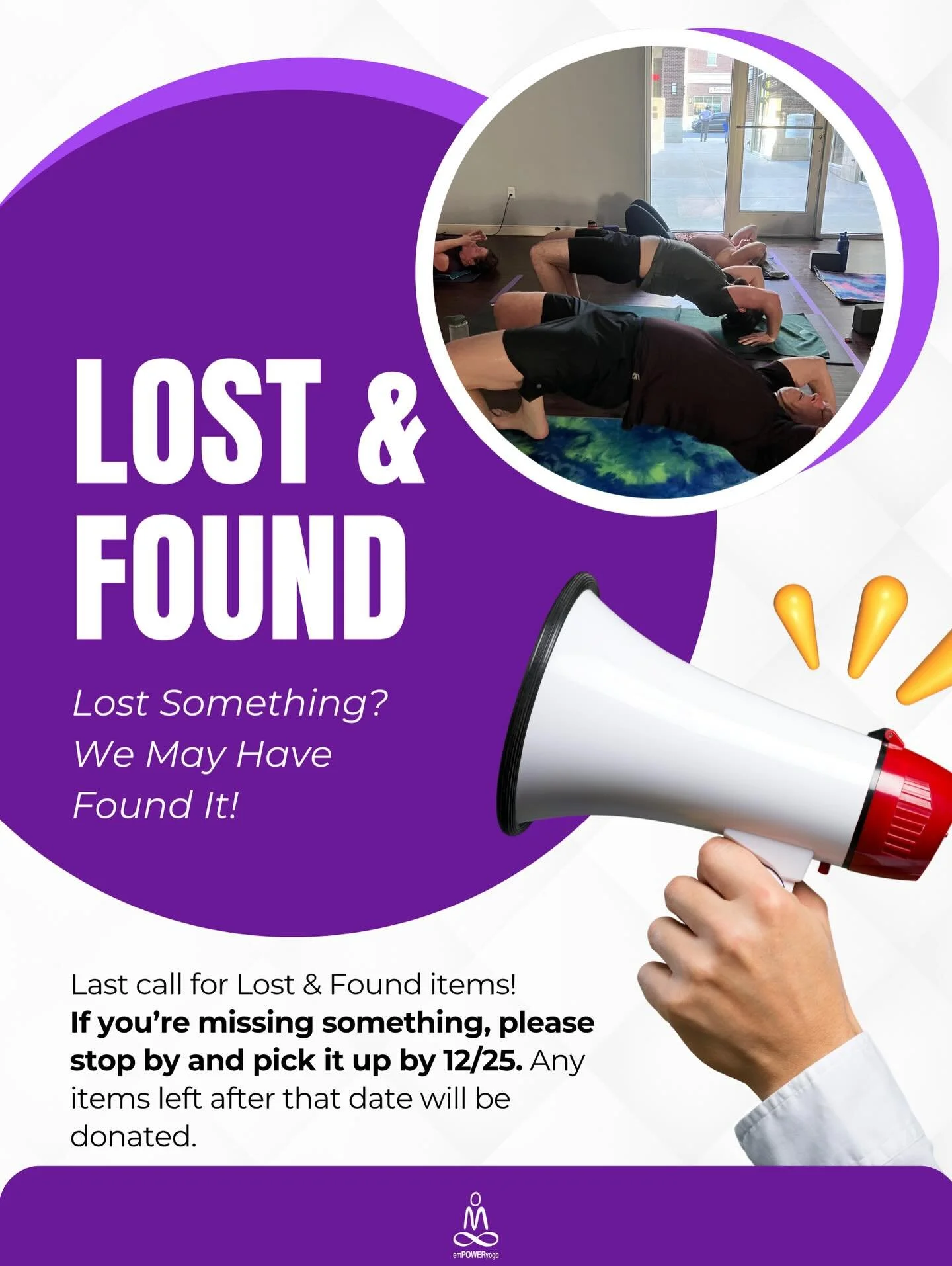 Don&rsquo;t let your water bottle or sweatshirt disappear forever! 😅
Pick up any Lost &amp; Found items by 12/25 &mdash; donations happen after!

Thursday Schedule

9:30-10:30am
Power Hour (Heated) 
with Anne 

5:30-6:30pm
Power Hour (Heated) 
with 