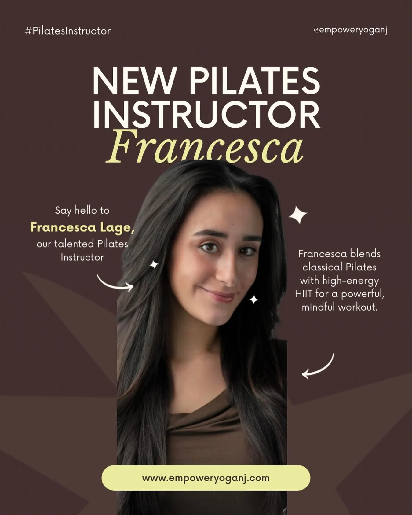 We&rsquo;re so excited to welcome Francesca Lage to the Empower community! 🤍✨
Starting in January, you can catch her for Pilates HIIT every Tuesday &amp; Thursday at 7am.

Francesca brings a dynamic, music-driven approach that blends classical Pilat
