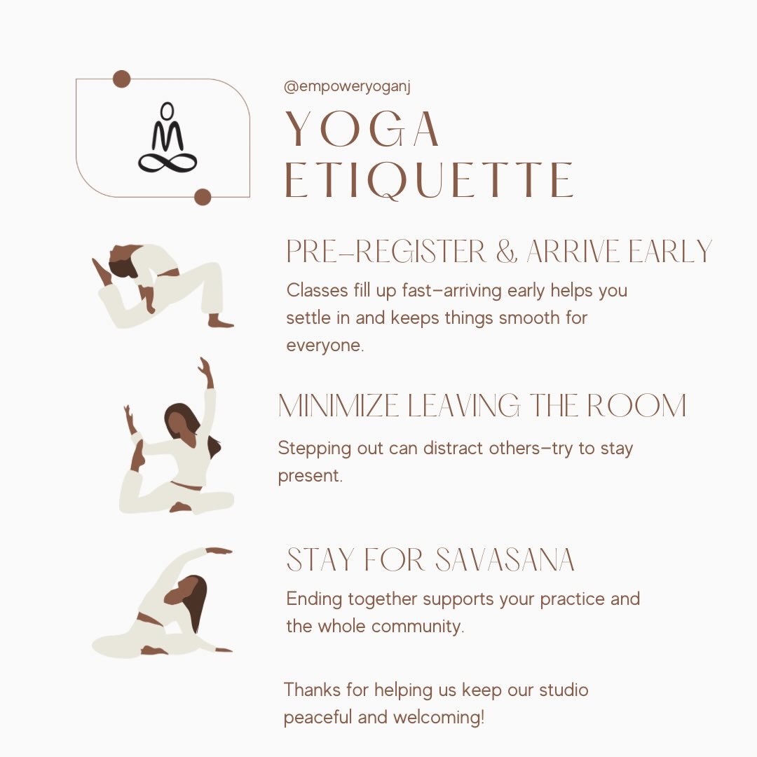 ✨ Busy season at Empower Yoga NJ! ✨
Help keep our studio calm &amp; welcoming:

🧘🏾 Pre-register &amp; arrive early &ndash; smooth start for all
🧘🏽&zwj;♂️ Stay present &ndash; uninterrupted practice for everyone
🧘🏼&zwj;♀️ Stay for savasana &ndas