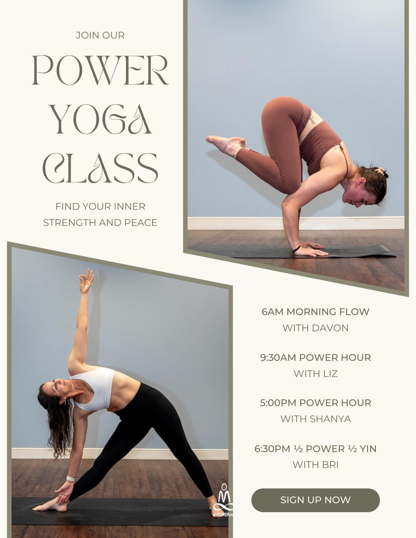 Wednesday Schedule

6:00-7:00am
Morning Flow (Heated)
with Davon

9:30-10:30am
Power Hour (Heated) 
with Liz 

5:00-6:00pm
Power Hour (Heated) 
with Shanya

6:30-7:30pm
Half Power Half Yin (Heated)
with Bri

Anytime
On Demand Class of the day

#empow