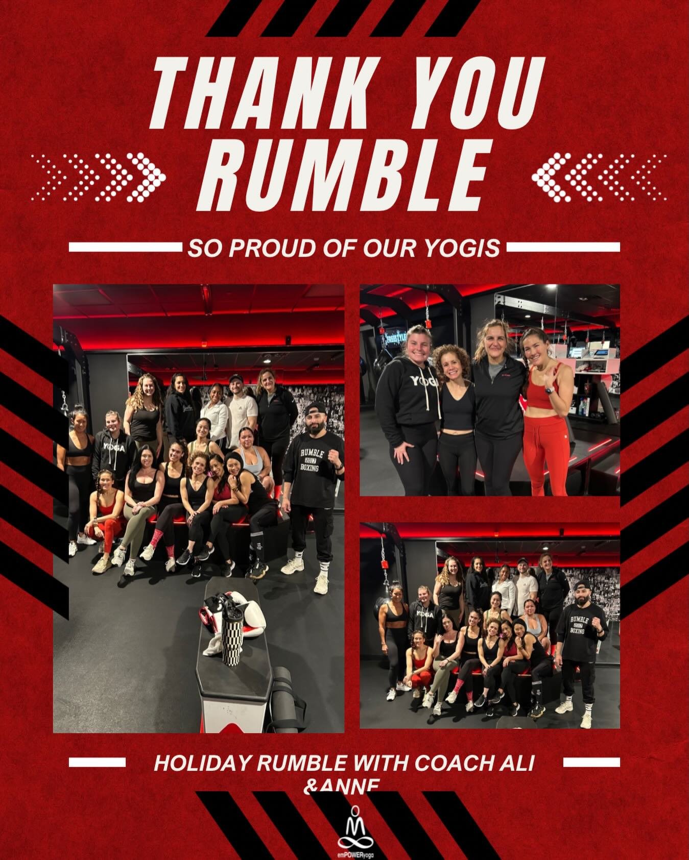 So much gratitude for an unforgettable Holiday Rumble ❤️🥊✨

Thank you Rumble and Coach Ali for welcoming our community with so much energy, strength, and heart. And to our yogis &mdash; we are so proud of you for showing up, trying something new, an
