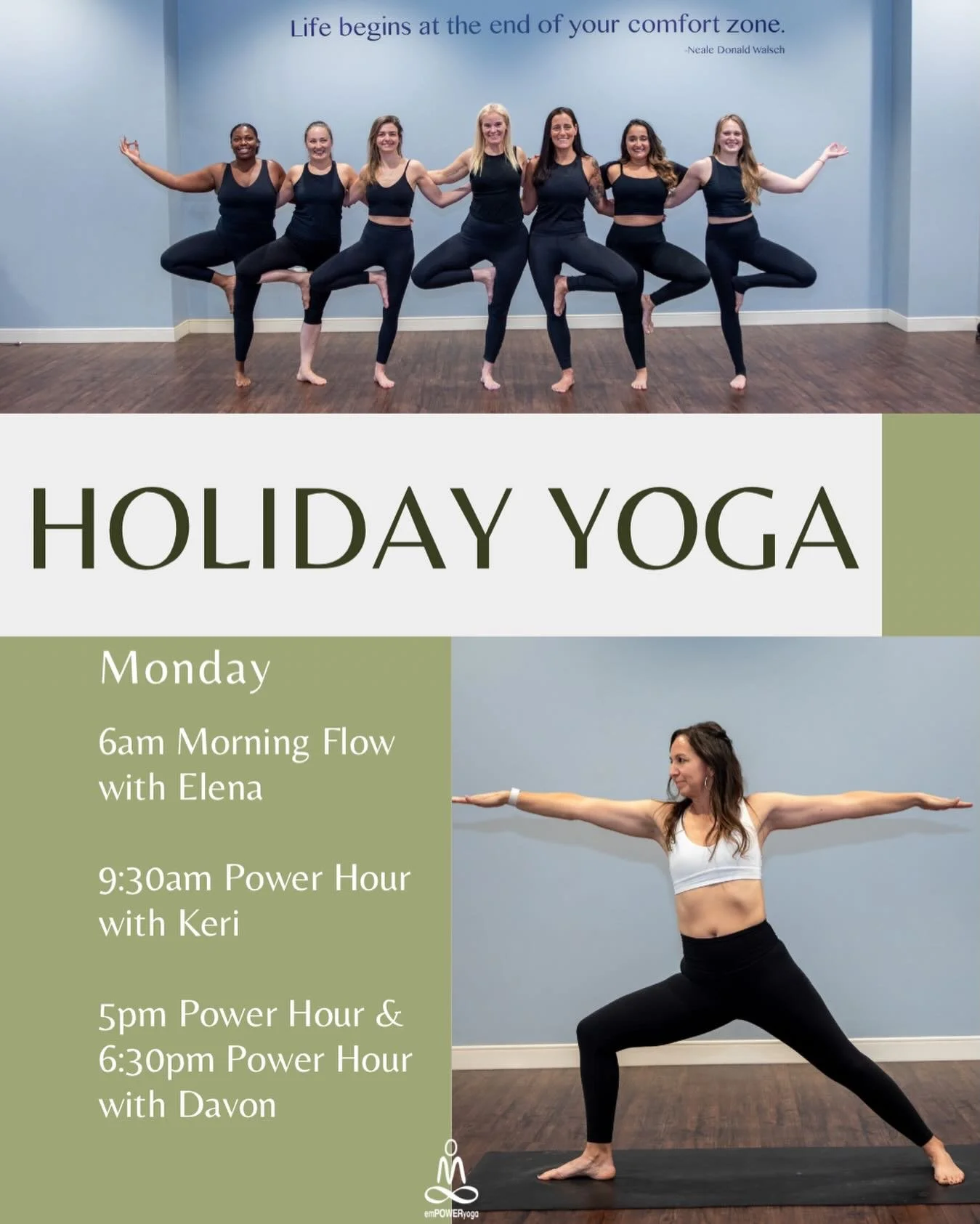 Holiday energy, community strength ✨🎄

We&rsquo;re keeping the movement going this Monday with special holiday classes to help you stay grounded, strong, and supported&mdash;no matter how full the season feels.

🕕 6am Morning Flow with Elena
🕤 9:3
