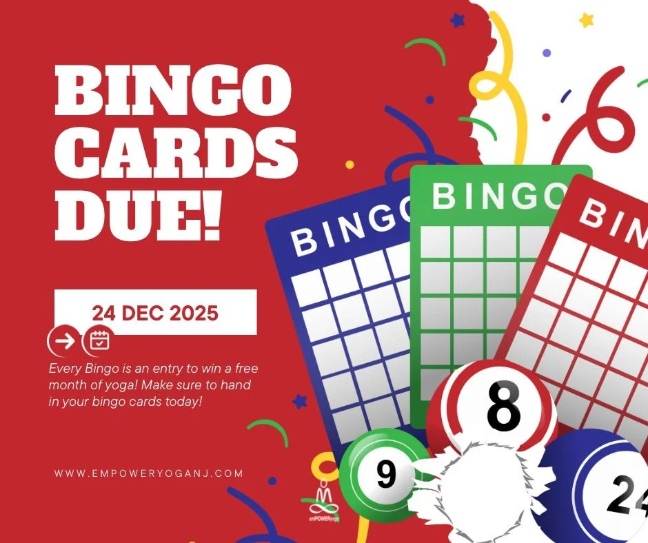🎄 Christmas Eve Reminder! 🎄
BINGO cards are due today, 12/24! ✨ Every completed card is an entry to win a free month of yoga&mdash;a little holiday magic for your mat. Drop yours off before the festivities begin and celebrate showing up for yoursel