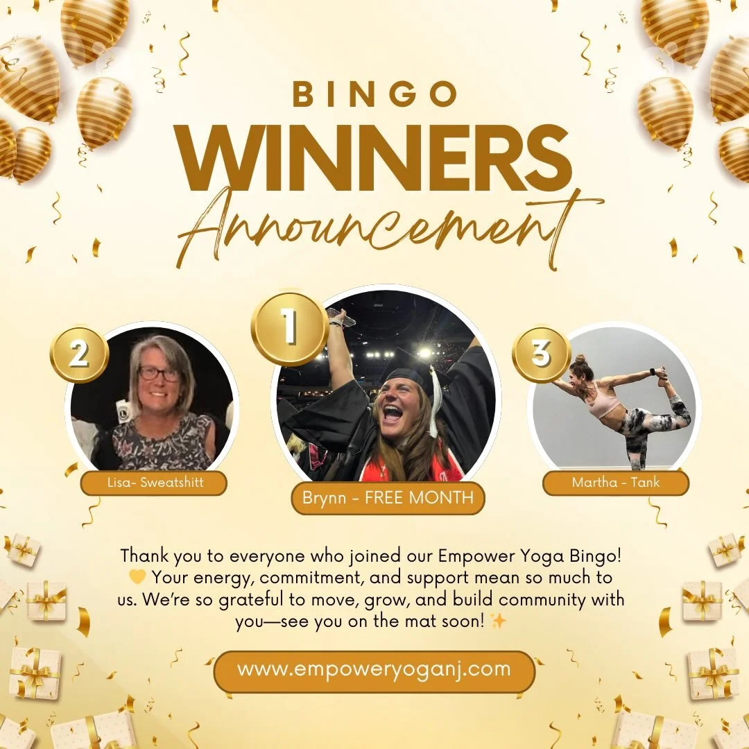 🎉 Empower Yoga Bingo Winners! 🎉

✨ Bingo Winners:
1️⃣ Brynn &ndash; FREE month of yoga
2️⃣ Lisa &ndash; Empower Yoga sweatshirt
3️⃣ Martha &ndash; Empower Yoga tank

A huge THANK YOU to everyone who participated&mdash;your energy and commitment mak