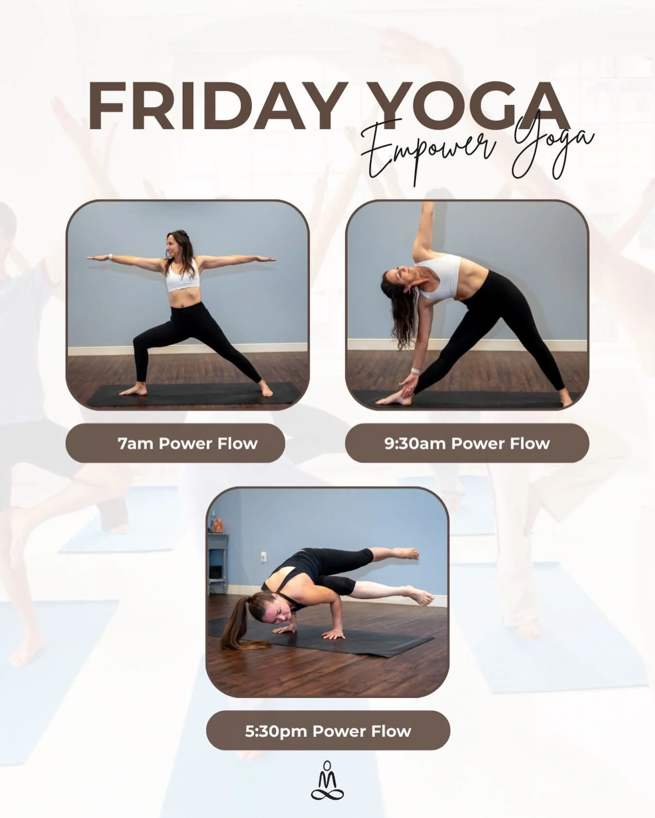 Friday at Empower Yoga ✨
Three chances to move, sweat, and feel strong.

🌅 7:00am Power Flow &mdash; start your day grounded &amp; energized with Davon
🌞 9:30am Power Flow &mdash; build heat, strength, and focus with Davon
🌙 5:30pm Power Flow &mda