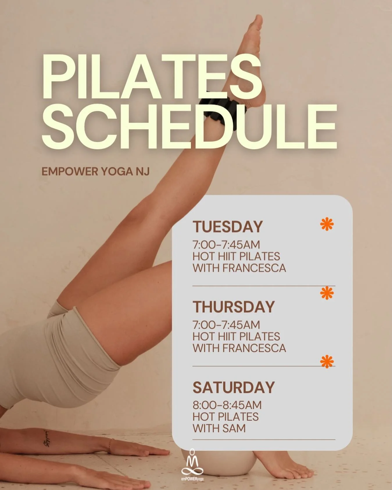 Our Pilates lineup is here 🔥
Join us for Hot HIIT Pilates or Hot Pilates and start your day feeling strong, centered, and energized.
Tues &amp; Thurs mornings with Francesca, Saturdays with Sam.
Pre-register to save your spot ✨

Monday Schedule

6:0