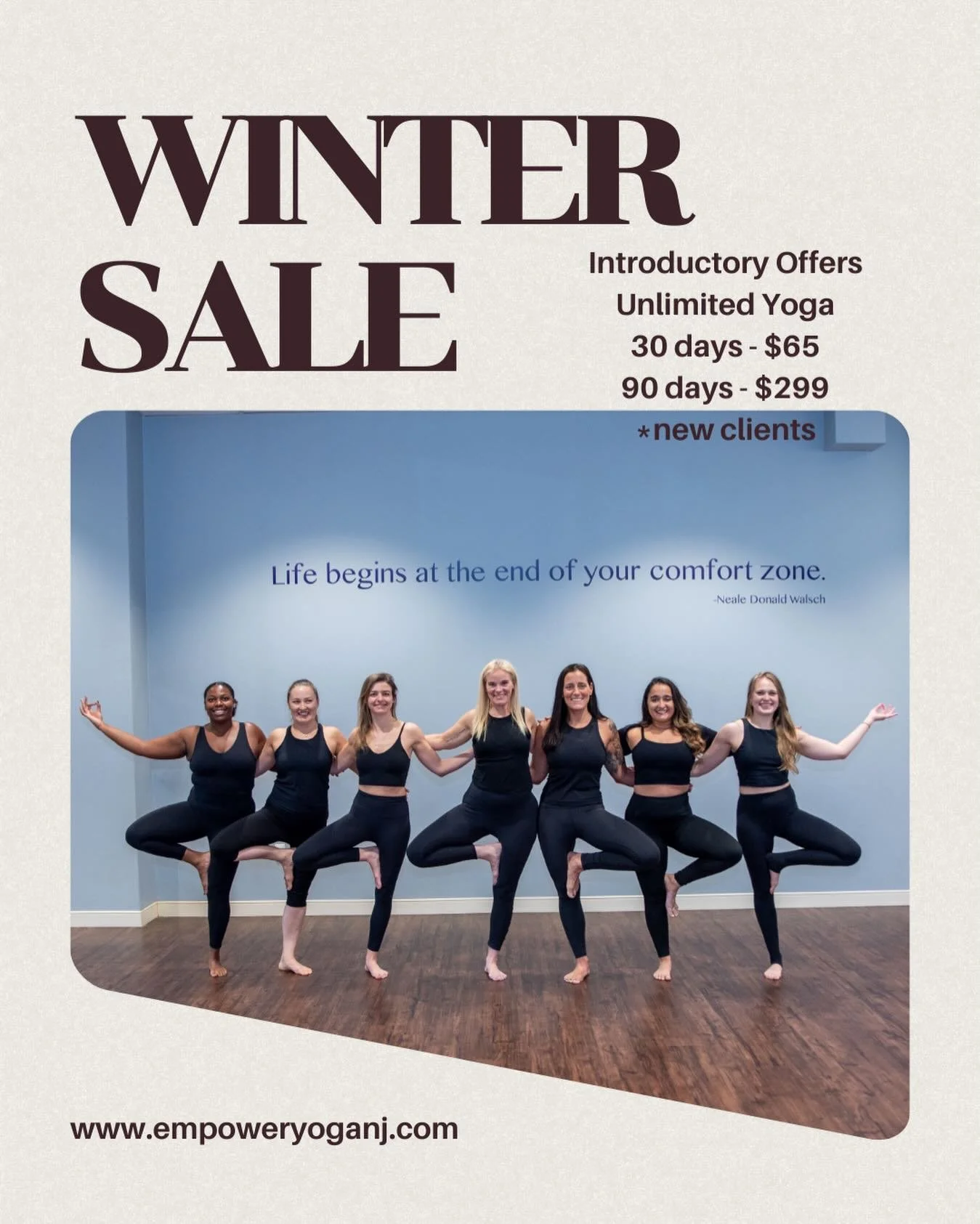 &ldquo;Life begins at the end of your comfort zone.&rdquo;
This winter, choose movement, consistency, and community.
Our Winter Sale Intro Offers are here&mdash;unlimited yoga designed to support you all season long. ❄️ 🧘🏼&zwj;♀️ 🧘🏾 
New clients 