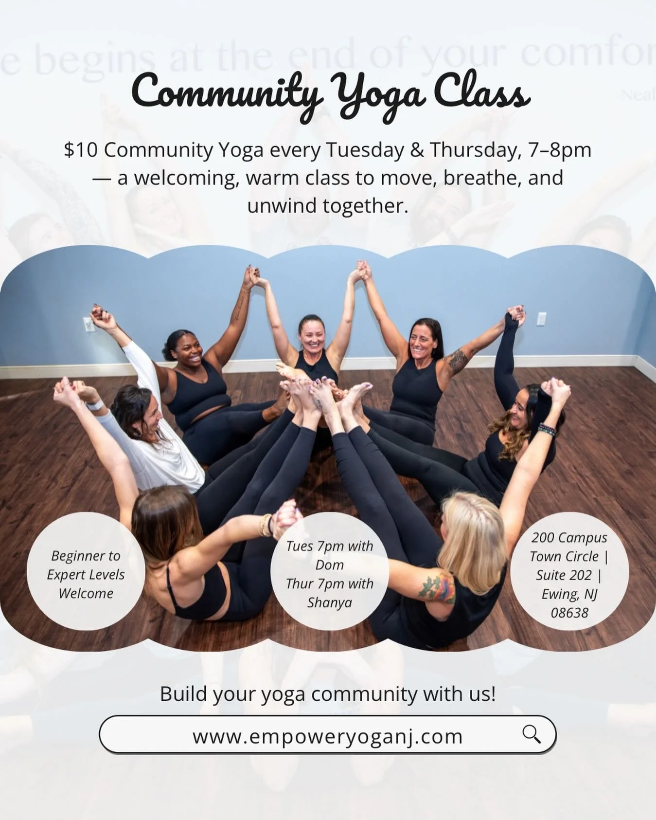 $10 Community Yoga ✨
Tuesdays &amp; Thursdays | 7&ndash;8pm
A warm, welcoming class to move, breathe, and reset&mdash;open to all. Come as you are 🤍

Tuesday Schedule

7:00-7:45am
HOT HIIT Pilates (Heated)
with Francesca 

9:30-10:30am
Power Hour (H